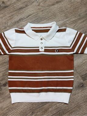 Striped Short-Sleeve Polo Tee in White and Rust